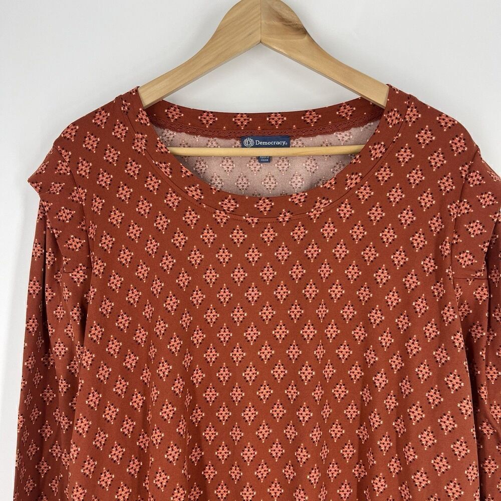 Democracy Top Size 2X Womens Red Floral Print Bohemian Ruffle Long Sleeve Shirt - Picture 2 of 7